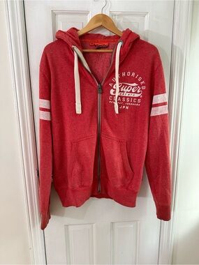 Superdry Red Zip-Up Hooded Sweatshirt with White Sleeve Stripes